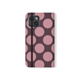 Coque portefeuille en cuir végétalien pour iPhone 13 - motif Polka Dot rose prune