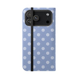 Coque portefeuille en cuir végétalien pour iPhone 17 Pro Max - motif à pois bleu clair