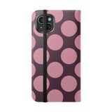 Coque portefeuille en cuir vegan pour iPhone 15 Plus – motif Polka Dot rose prune