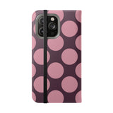Coque portefeuille en cuir vegan pour iPhone 14 Pro Max - motif Polka Dot prune rose