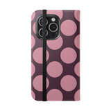Coque portefeuille en cuir vegan pour iPhone 15 Pro – motif Polka Dot rose prune