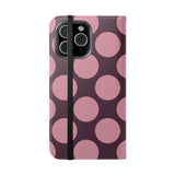Coque portefeuille en cuir vegan pour iPhone 16 Pro Max – motif Polka Dot rose prune