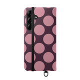 Coque portefeuille en cuir végétalien pour Samsung Galaxy S25 Plus - motif Polka Dot rose prune