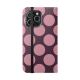 Coque portefeuille en cuir vegan pour iPhone 15 Pro Max – motif Polka Dot rose prune