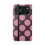 Coque portefeuille en cuir vegan pour iPhone 17 Pro Max – motif Polka Dot rose prune
