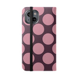 Coque portefeuille en cuir vegan pour iPhone 14 – motif Polka Dot rose prune