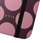 iPhone 16 Vegan Leather Wallet Case – Pink Plum Polka Dot Design - VYIR