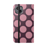Coque portefeuille en cuir végétalien pour iPhone 14 Plus - motif Polka Dot rose prune