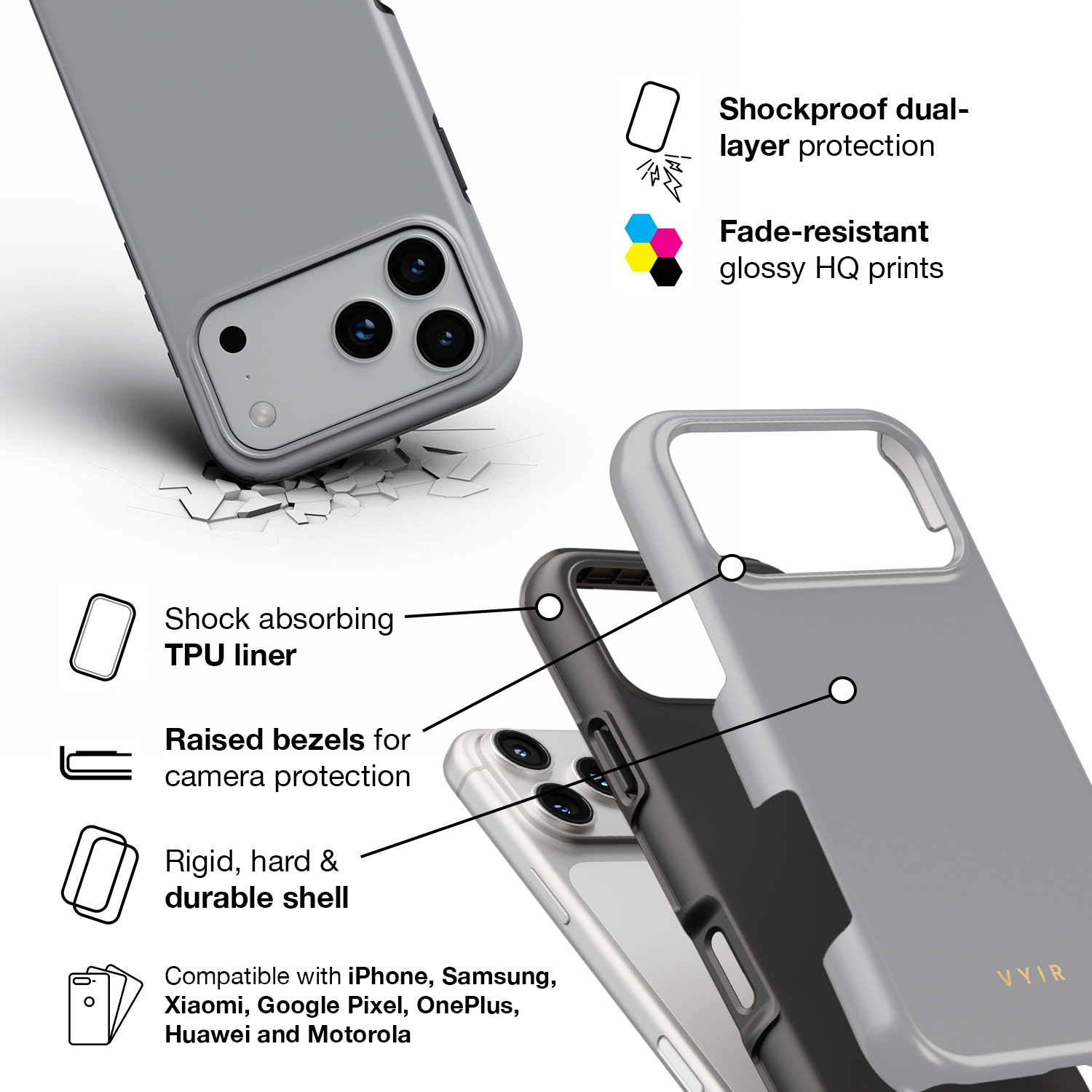 VYIR Signature Solid Colors, Grey - Shockproof Phone Case - VYIR