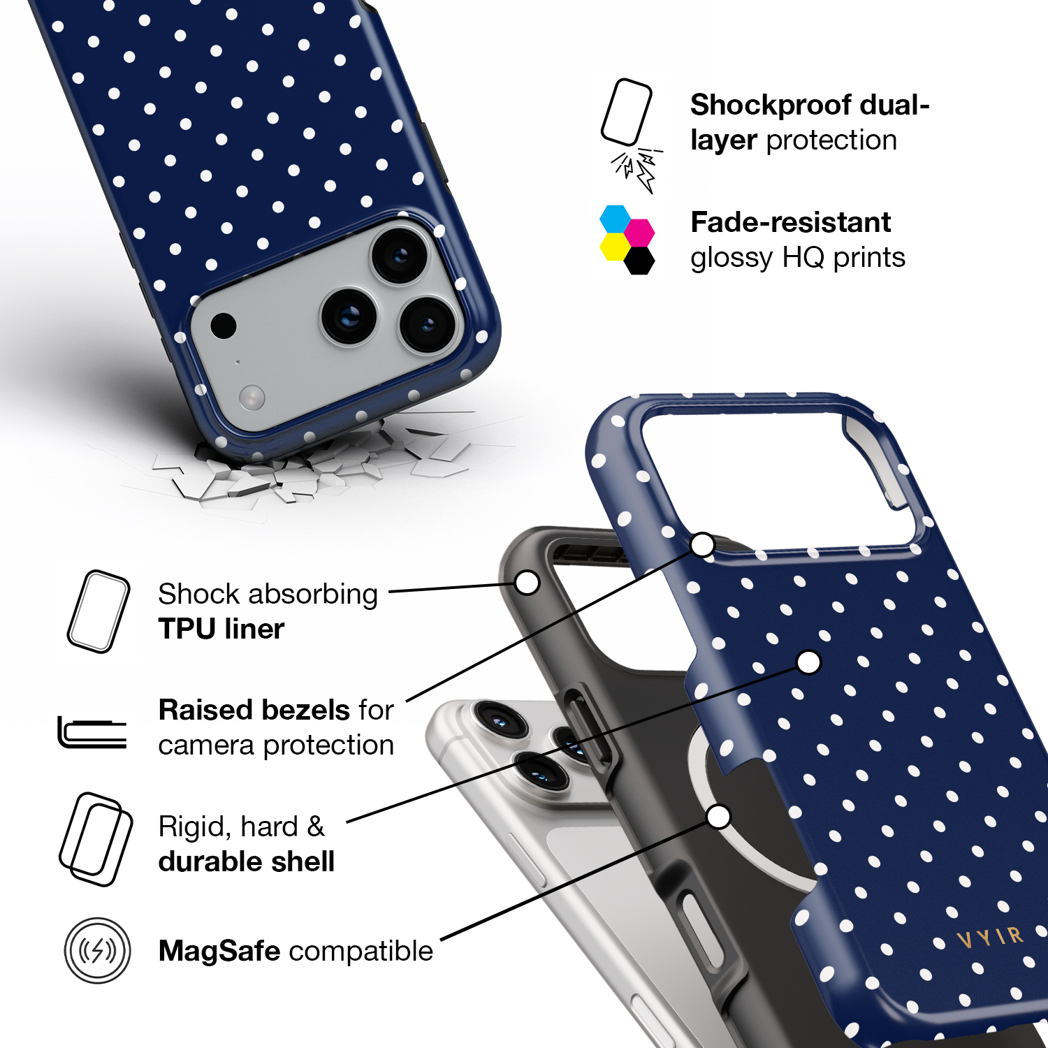 Tiny Polka Dots, Navy Blue - Shockproof MagSafe iPhone Case - VYIR