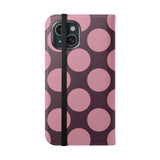 Coque portefeuille en cuir vegan pour iPhone 15 – motif Polka Dot rose prune